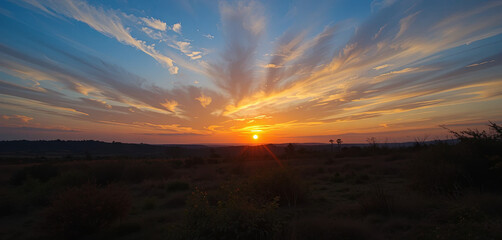 Naklejka premium The sun sets below the horizon, casting vibrant hues across the sky. Wispy clouds reflect orange and purple shades, creating a stunning evening view over the open terrain