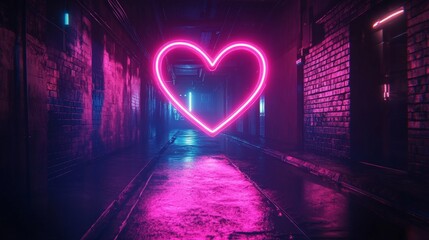A vibrant neon light in the shape of a heart, glowing in a dark ambiance. Perfect for Valentine's Day and modern decor.