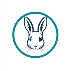 Fototapeta premium Rabbit head in blue circle, centered, on white background; for logo or design element