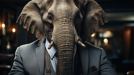 Portrait of an elephant in a suit and tie in a restaurant