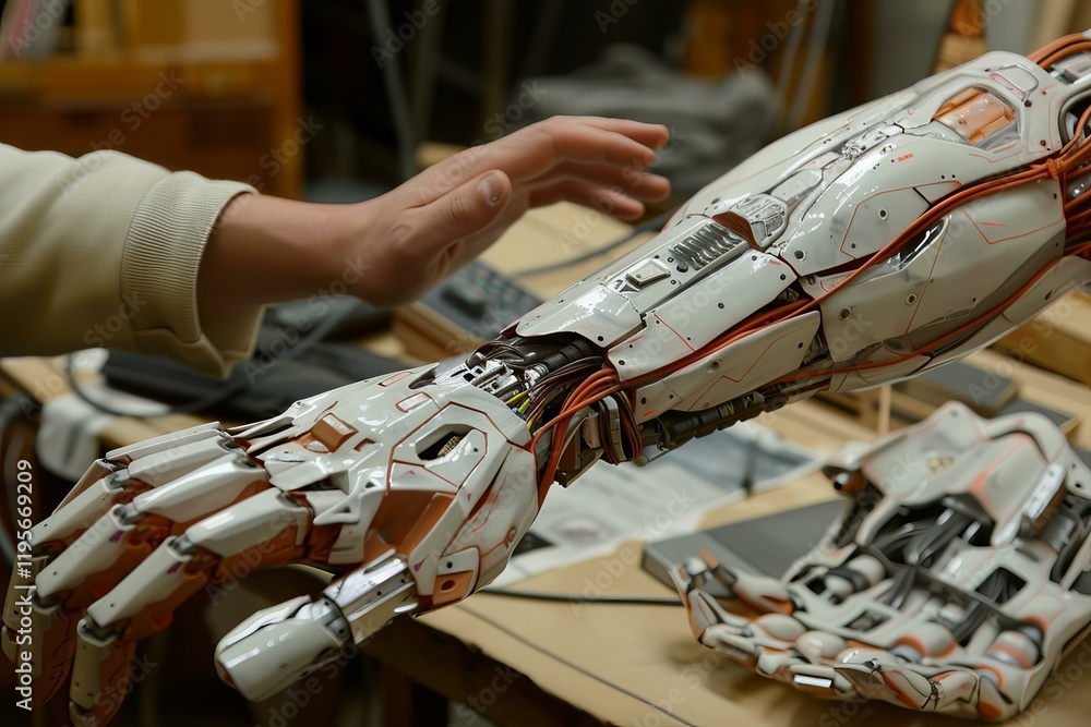Poster engineer is comparing a futuristic robot hand to a human hand in a robotics lab
