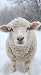 Fototapeta premium A cute sheep with snow on its wool stands in a snowy landscape, capturing the essence of winter's charm.