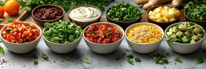 Assorted Bowls Of Fresh Prepared Salads And Dips