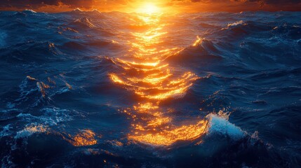 Serene sunset over turbulent ocean waves reflecting golden light, creating a tranquil atmosphere