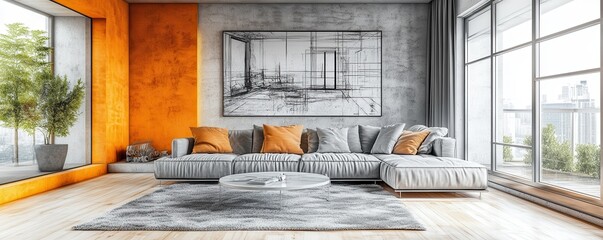 Modern loft living room with gray sofa and orange accents in urban apartment