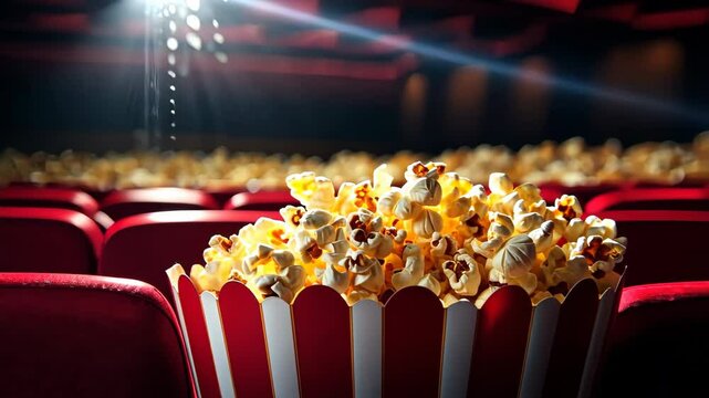 Popcorn bucket illuminating empty red movie theater seats