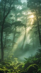 Fototapeta premium A Serene and Mystical Misty Forest Scene Unfolding in Soft Shades of Green and Fog, Evoking Tranquility and Enchantment – Perfect Aesthetic Wallpaper for Mobile, Inspiring Calm and Wonder