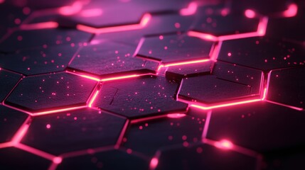 Futuristic hexagonal tiles glowing with pink neon light, creating a vibrant digital landscape
