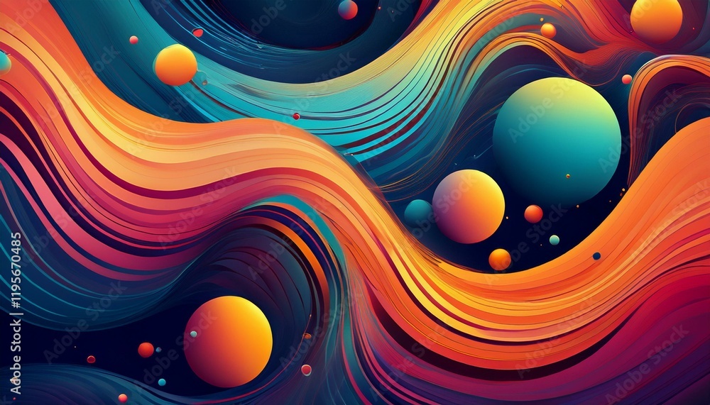 Poster wallpaper abstract background with wavy shapes and spheres flowing in space with a colorful design