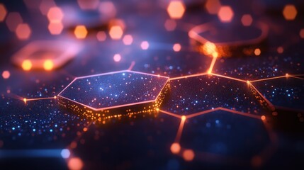 Abstract close-up of glowing hexagonal patterns with vibrant colors and sparkles in a dark background