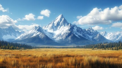 Majestic snow-capped mountain range with blue sky and golden meadow
