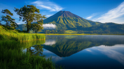 Volcanic Mountain Reflection in Calm Lake at Morning Light Serene Nature Photography






