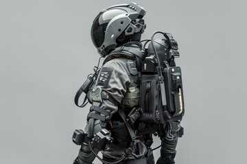 Engineer wearing an exoskeleton is standing with his back turned in profile