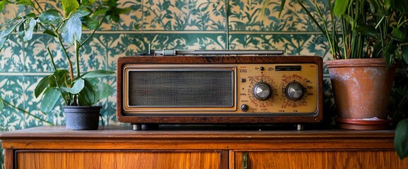 Vintage record player and radio on wooden cabinet with plants.