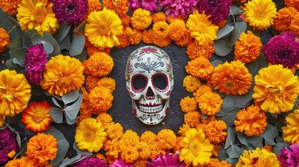 Day of the Dead holiday Sugar Skull with Vibrant Marigold and Rose Flowers Background