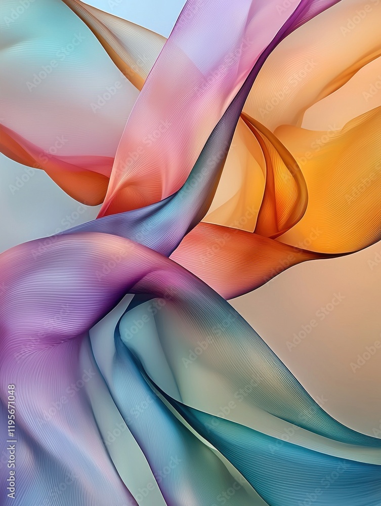 Poster dynamic flow of pastel ribbons abstract art studio setting ethereal atmosphere close-up view colorfu