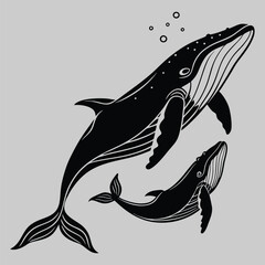 whale mother and calf swimming silhouette vector art and illustration