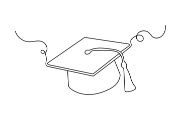 Continuous one line graduation cap drawing with black and white vector icon
