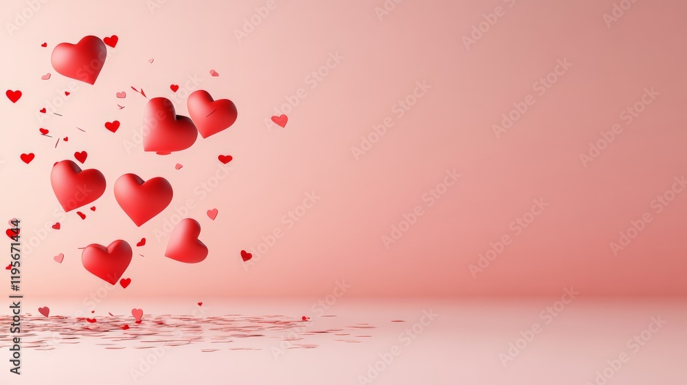 Poster red hearts floating on a pink background creating a romantic atmosphere, ideal for valentine's day, 