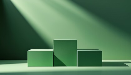 product presentation with shadows and light. Empty podiums. Mockup.,three minimalist green cubes. Generated image