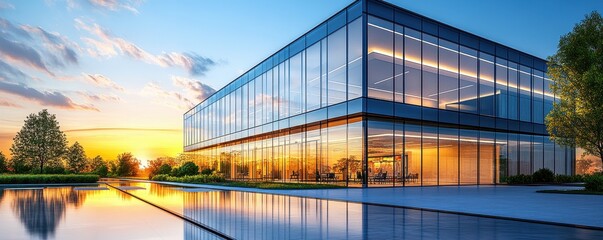 Fototapeta premium Modern glass office building at sunset with reflective water feature and surrounding trees