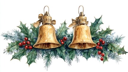 Festive holiday bells adorned with holly and berries, creating a cheerful seasonal decoration