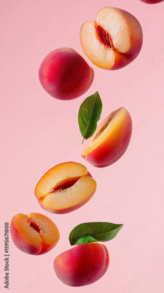 Poster fresh, ripe peaches and peach halves are levitating against a vibrant pink backdrop, creating a visu
