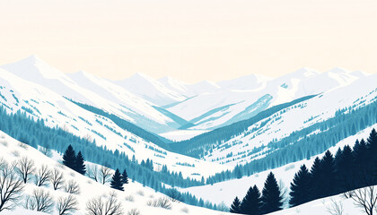 illustrazione di paesaggio alpino invernale con monti e foreste ricoperti di un manto bianco
