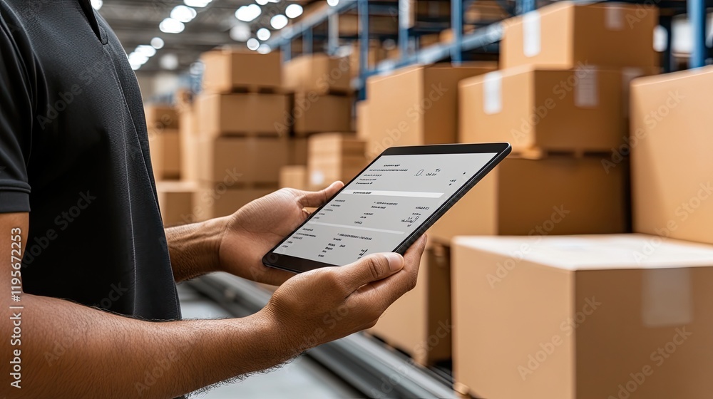 Poster close-up of hands viewing order tracking on a tablet while large cartons move along a conveyor in a 
