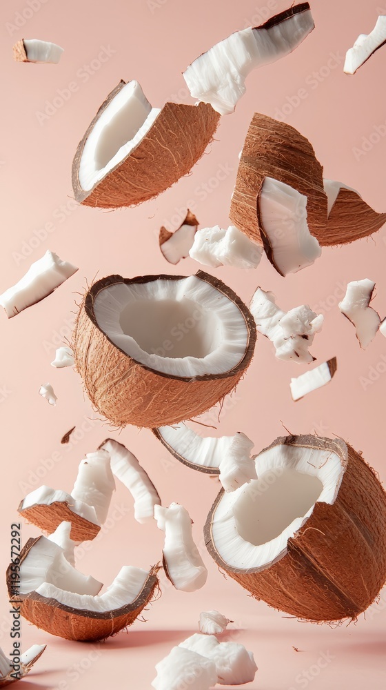 Poster halves, chunks, and fragments of coconut shells and white flesh levitate against a vibrant pink back
