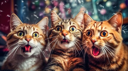 Three Cats Surprised by Dandelion Seeds