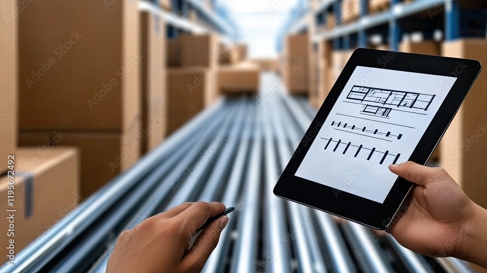 Poster close-up of hands viewing order tracking on a tablet while large cartons move along a conveyor in a 