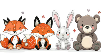 Naklejka premium Four cartoon animals, a rabbit, a bear, a fox, and a rabbit. generated by AI