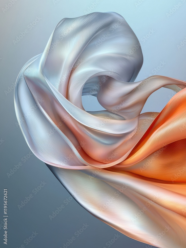 Poster dynamic flowing fabric in pearlescent tones artistic display studio environment abstract perspective
