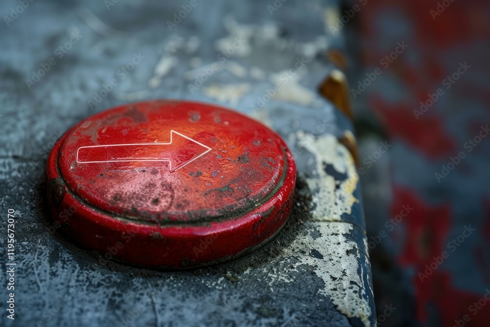 Poster close up shot of an old, weathered red button with a white arrow pointing to the right, set against 