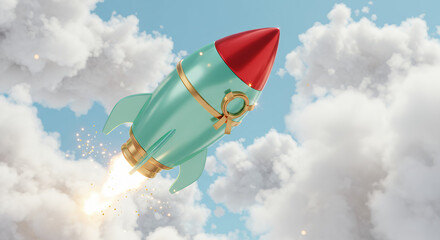 Mint Green Rocket Launching Through Fluffy Clouds - 3D Render