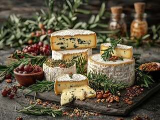 Artisan cheese display rustic kitchen high-resolution food natural setting close-up gourmet concept