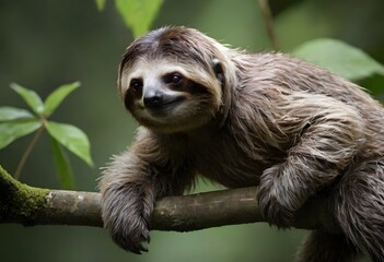 Fototapeta premium Endangered Sloth Resting Among Lush Jungle Foliage