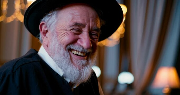 Happy laughing grey haired elderly jewish priest with beard inside church