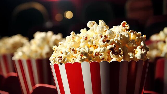 Popcorn overflowing a red and white striped cardboard bucket in a movie theater