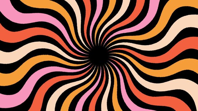 Modern Trendy Radial Hypnotic Spiral Animation Background. 60s 70s vintage retro pastel colors. 4K Seamless loop wallpaper.