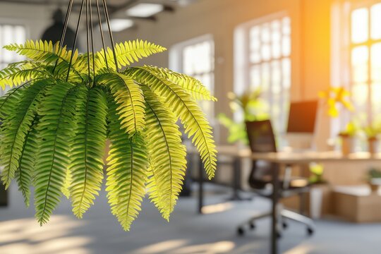 A bright office setup with a vibrant indoor fern and subtle modern decor