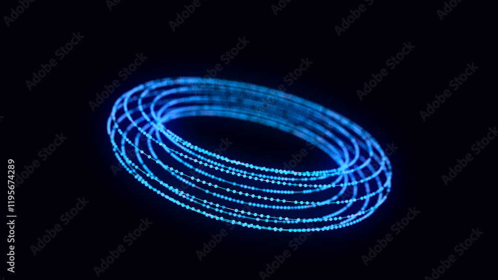 Poster abstract blue torus on black background. wireframe circle structure with glowing particles and lines