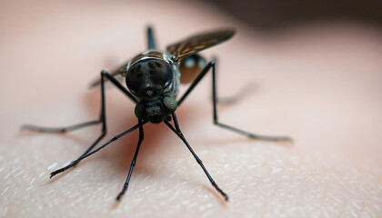 a mosquito on human skin, Biting mosquito,  a mosquito resting on human skin, macro shot showcases the mosquito s compound eyes proboscis, created with generative ai