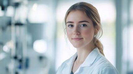 Focused Determination: A young woman in a white lab coat stands confidently in a lab setting, her focused gaze and serene expression conveying unwavering dedication to her scientific pursuits.