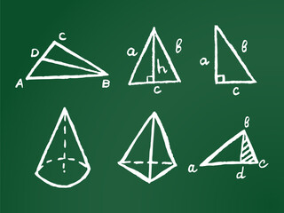 Chalk triangle formulas on green chalkboard. Hand drawn vector illustration