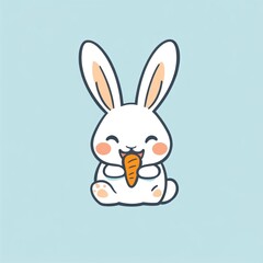 Obraz premium Cute cartoon bunny eating carrot on pastel background