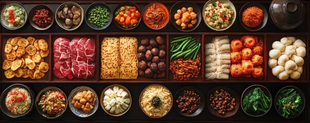 Fototapeta premium Assorted asian dishes with meats, vegetables, and noodles in bowls and trays