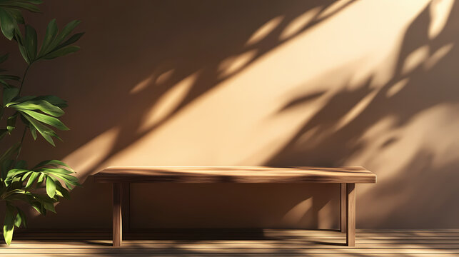 Behold a tasteful mock-up for presentations, an empty table against a bright brown wall, accentuated by leaf shadows and a wooden desk. conceived by ai. Leafshadow. Illustration