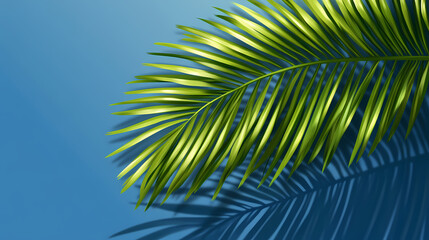 Fototapeta premium Palm leaves on blue background with shadow of palm tree leaf. Leafshadow. Illustration